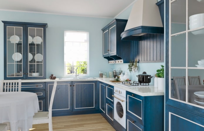 kitchen interior in blue and light blue tones