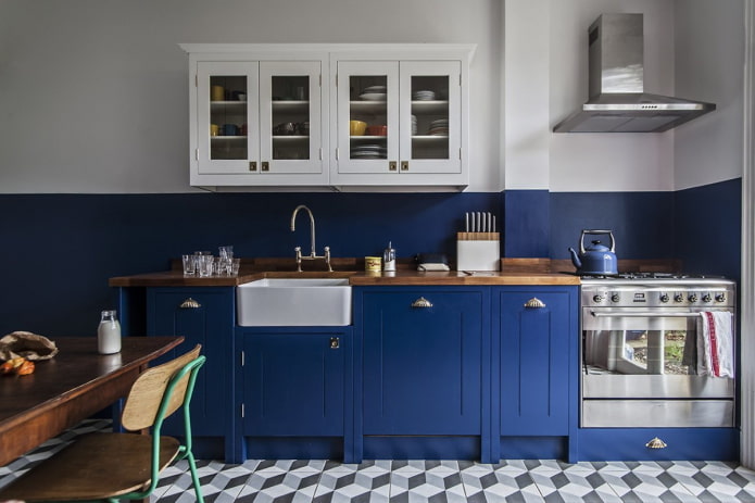 kitchen interior in blue and white tones