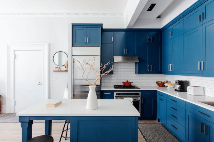 kitchen interior in blue and white tones