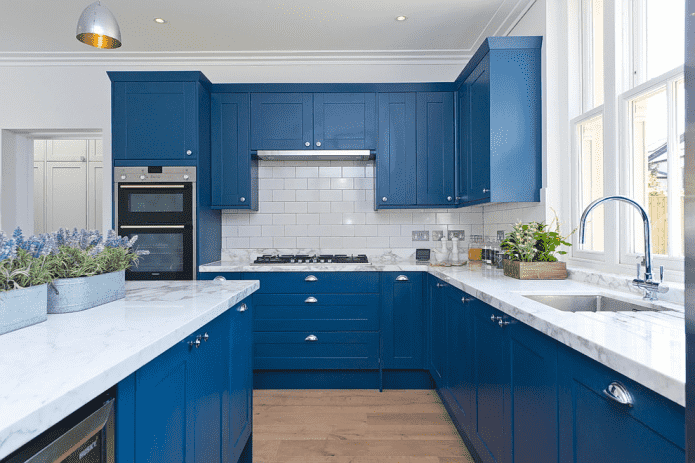 kitchen interior in blue and white tones
