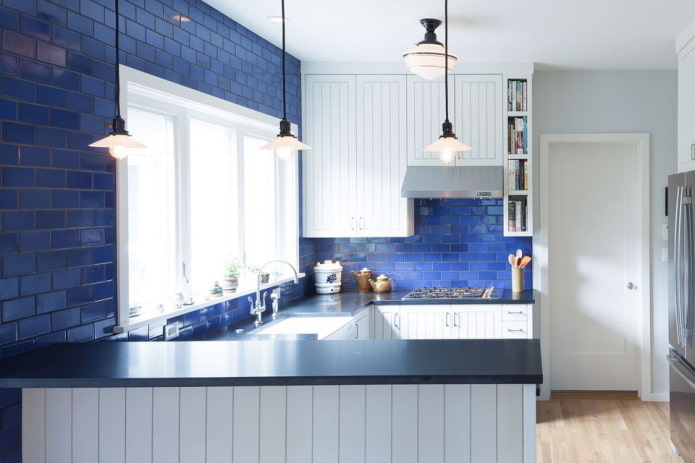 kitchen interior in blue and white tones