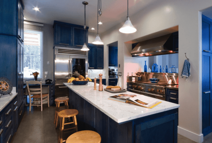 work area in the kitchen interior in blue tones
