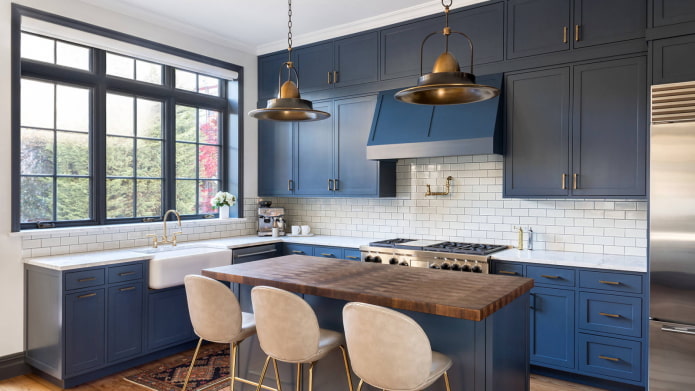 work area in the kitchen interior in blue tones
