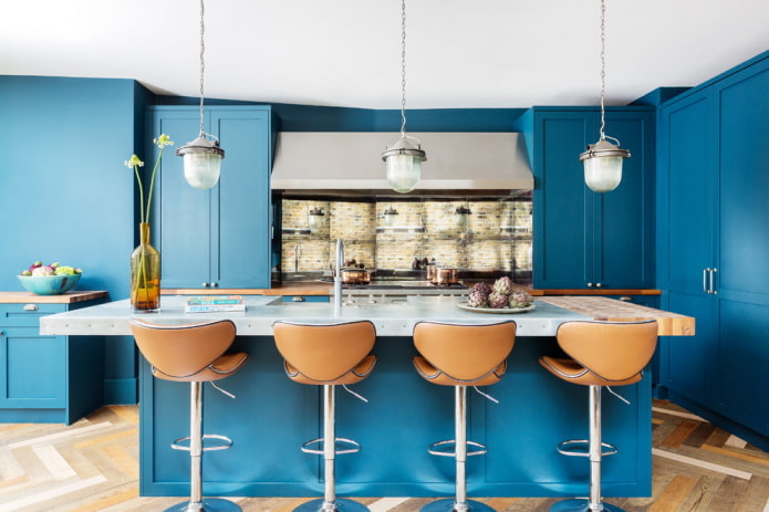 decor and lighting in the kitchen interior in blue tones