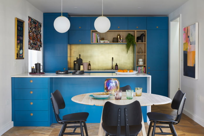 decor and lighting in the kitchen interior in blue tones