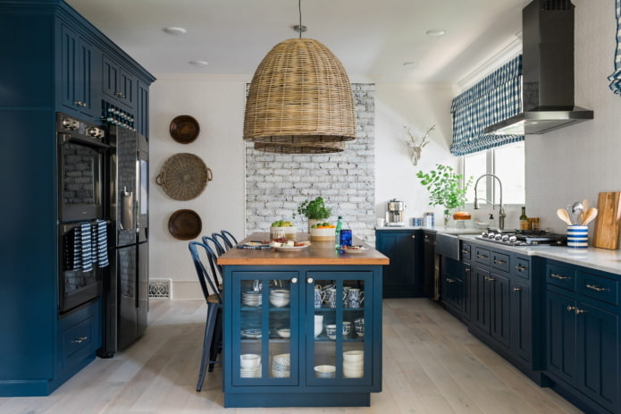decor and lighting in the kitchen interior in blue tones
