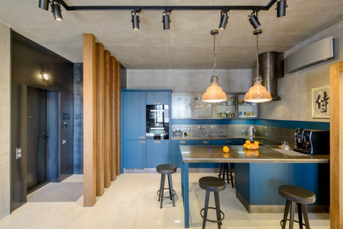 kitchen in blue tones in loft style