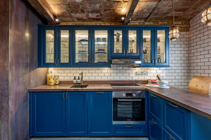 kitchen in blue tones in loft style