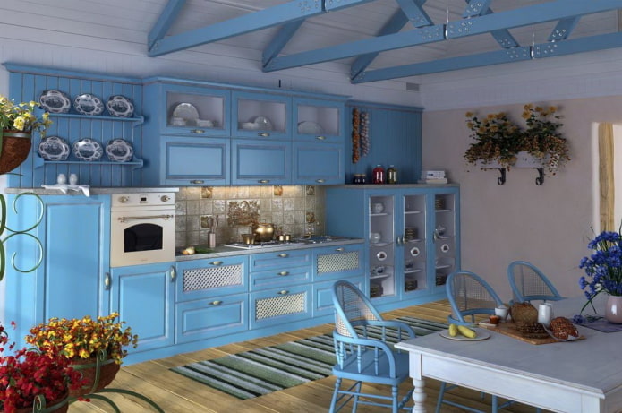 kitchen in blue tones in the Provence style