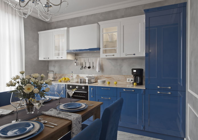 kitchen in blue tones in neoclassical style