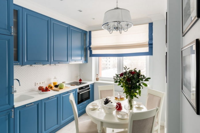 textiles in the kitchen interior in blue tones