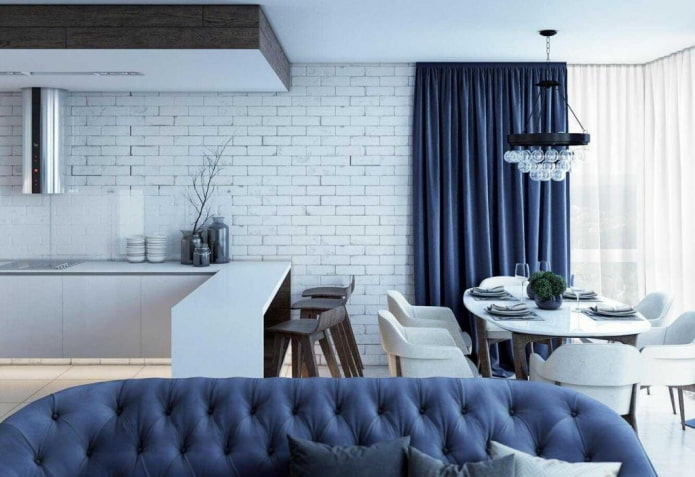 kitchen-living room interior in blue tones
