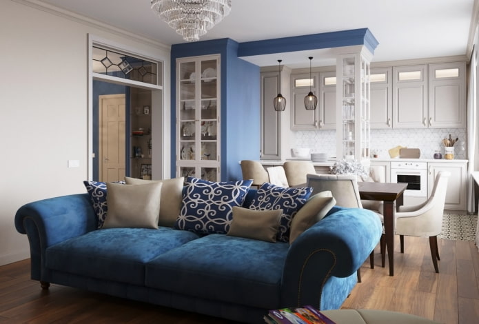 kitchen-living room interior in blue tones