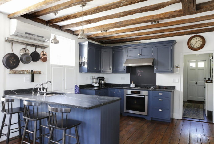 work area in the kitchen interior in blue tones