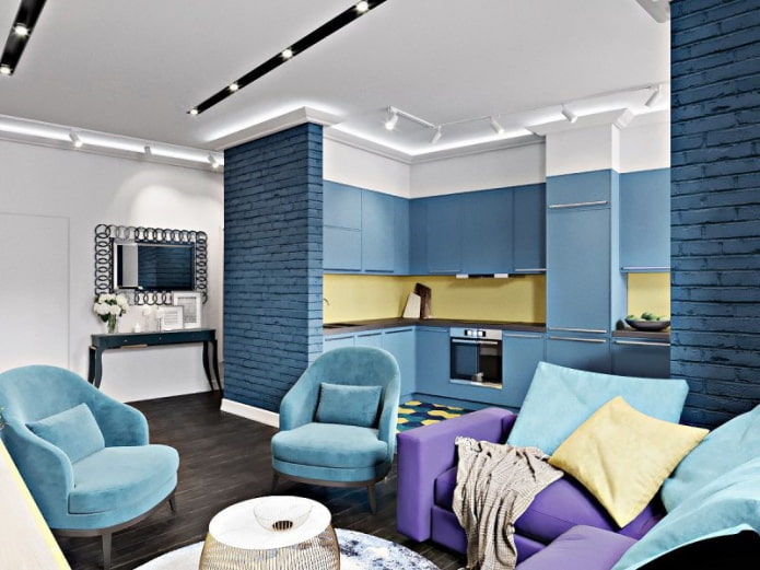 kitchen-living room interior in blue tones