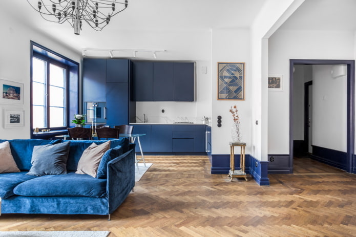 kitchen-living room interior in blue tones