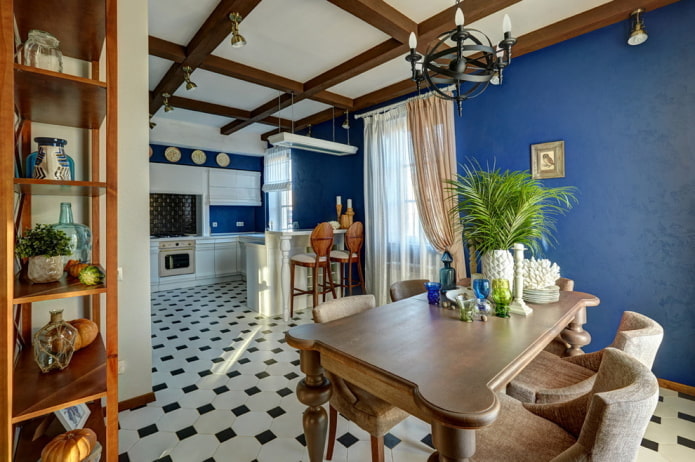 decor and lighting in the kitchen interior in blue tones