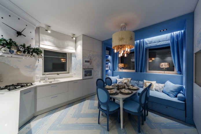 dining area in the kitchen interior in blue tones