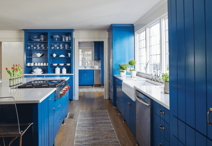 storage systems in the kitchen interior in blue tones