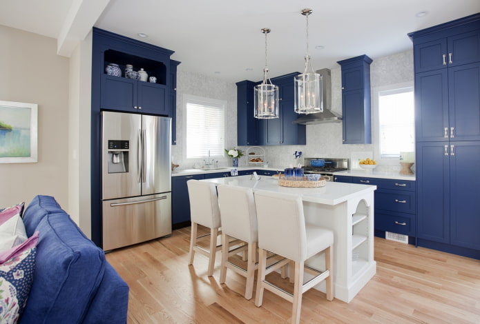 household appliances in the kitchen interior in blue tones