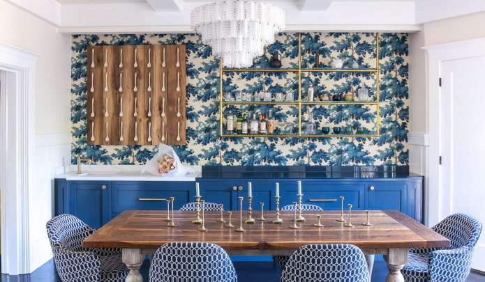 wallpaper in the kitchen interior in blue tones