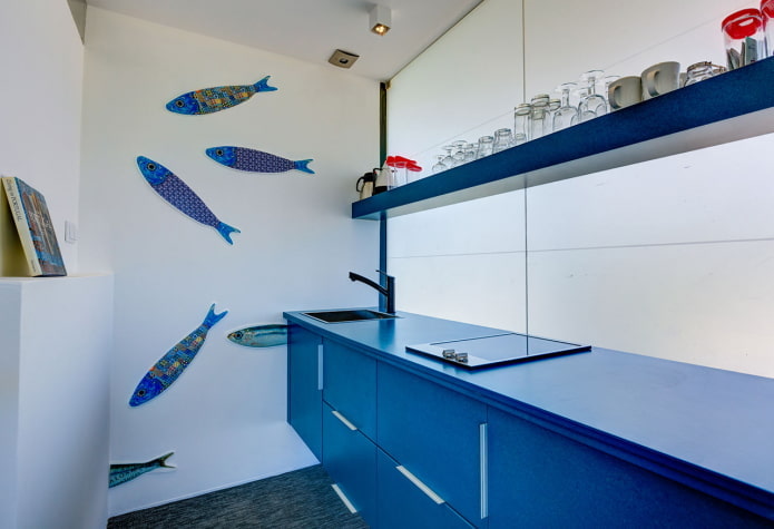 wallpaper in the kitchen interior in blue tones