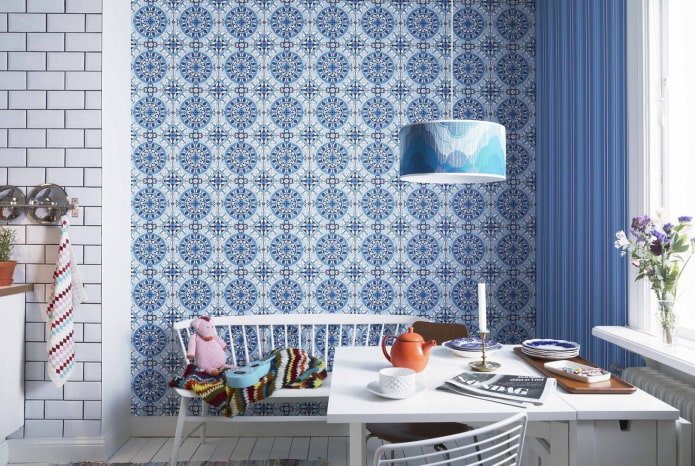 wallpaper in the kitchen interior in blue tones