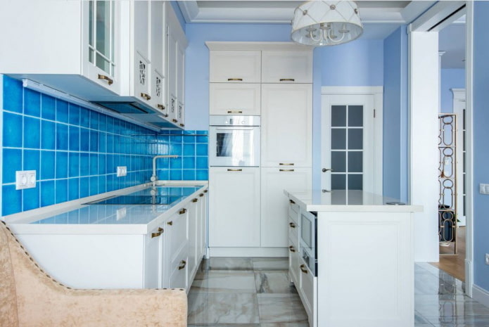 kitchen interior in blue and light blue tones