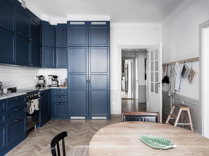 kitchen in blue tones in Scandinavian style
