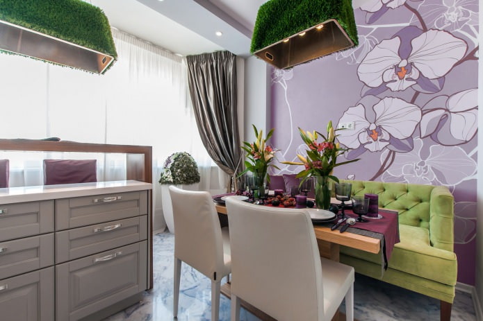 white and gray curtains and lilac walls