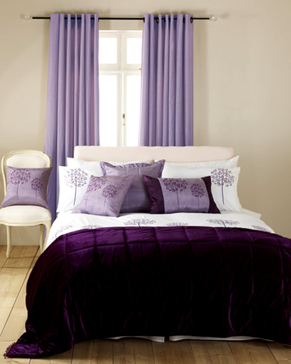 lilac curtains in the bedroom interior