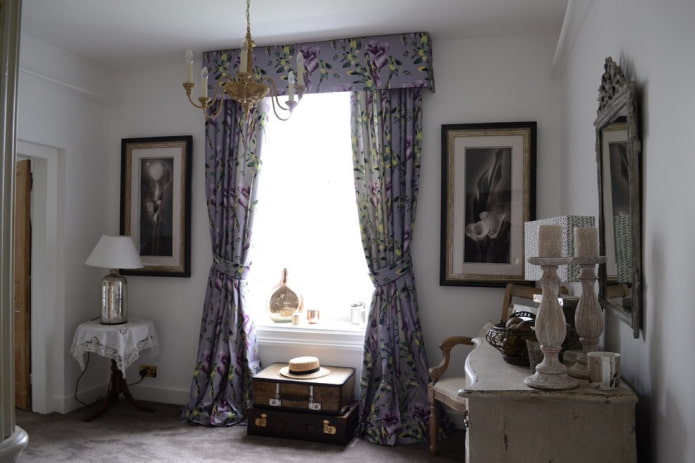dark lilac curtains with a floral pattern