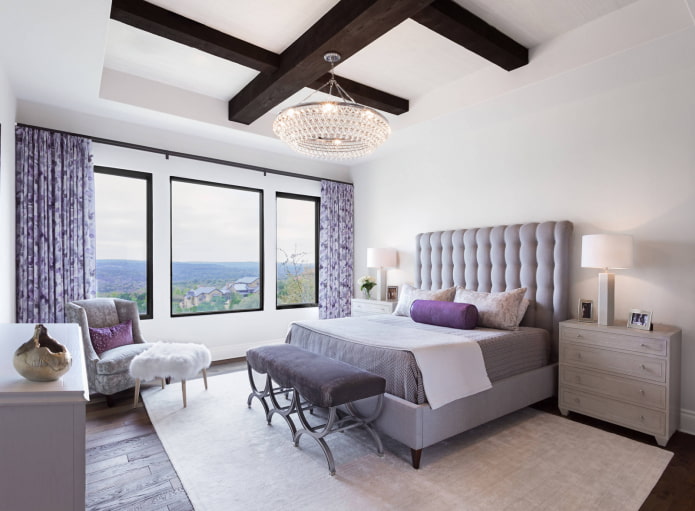 lilac curtains in the bedroom interior