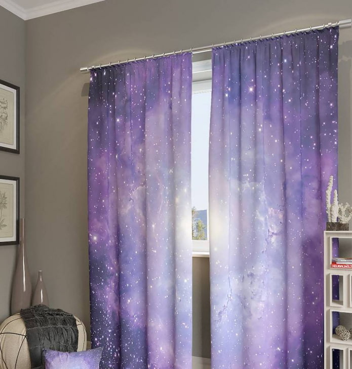 lilac photo curtains in the interior