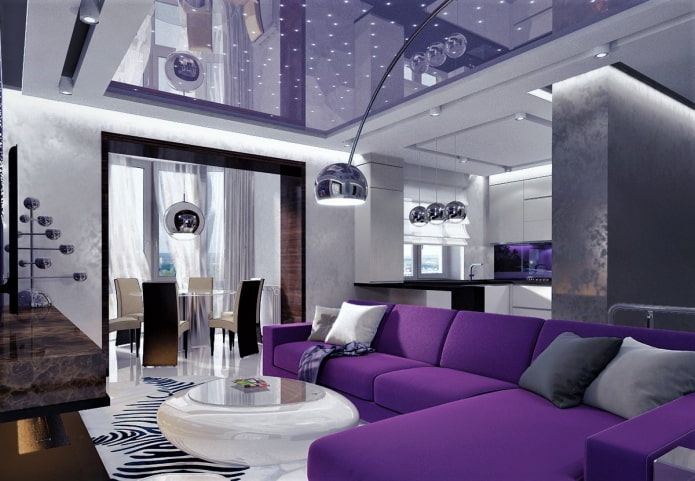 lavender ceiling in the kitchen-living room