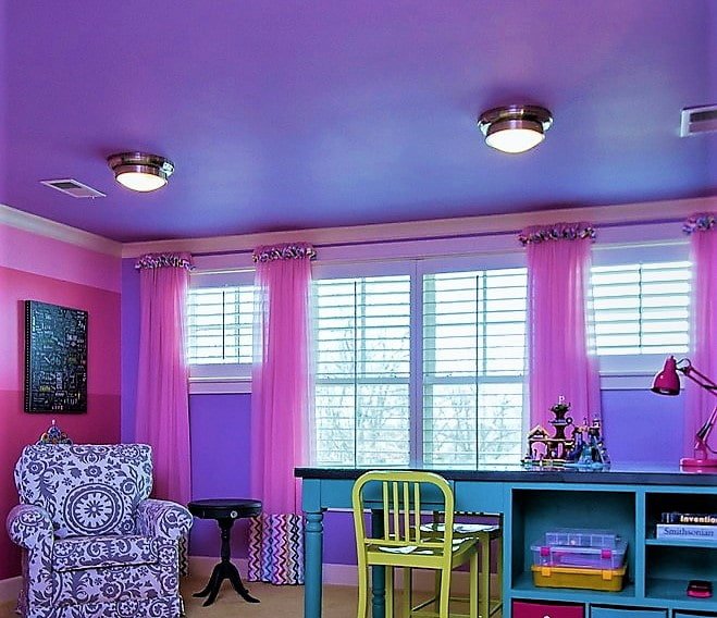 pink walls combined with a purple ceiling