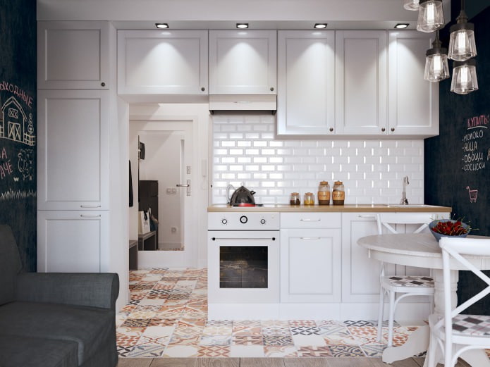 kitchen area in the interior of a studio apartment