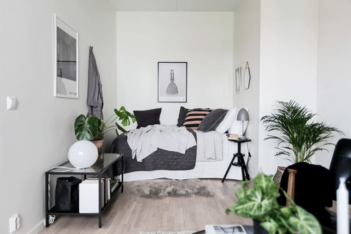Bedroom in Scandinavian style, pillows