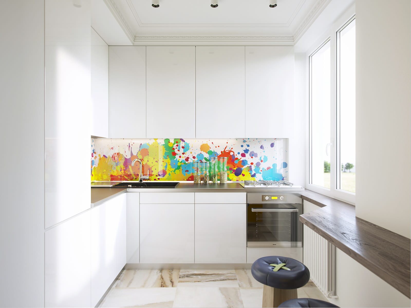 glass apron with multi-colored paint spots