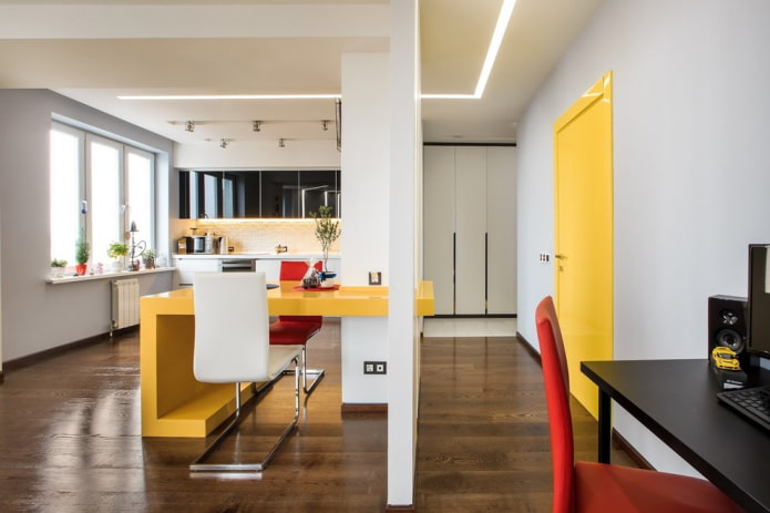 combination of door color with floor and furniture in the interior