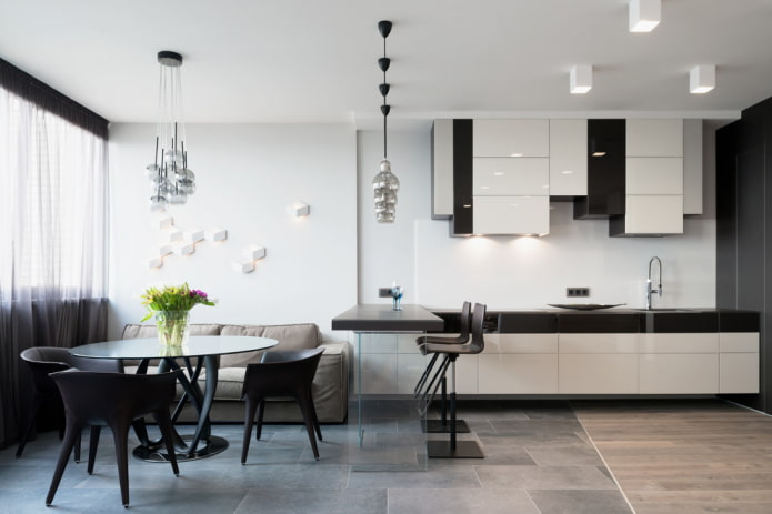 a combination of laminate and tiles in the kitchen interior