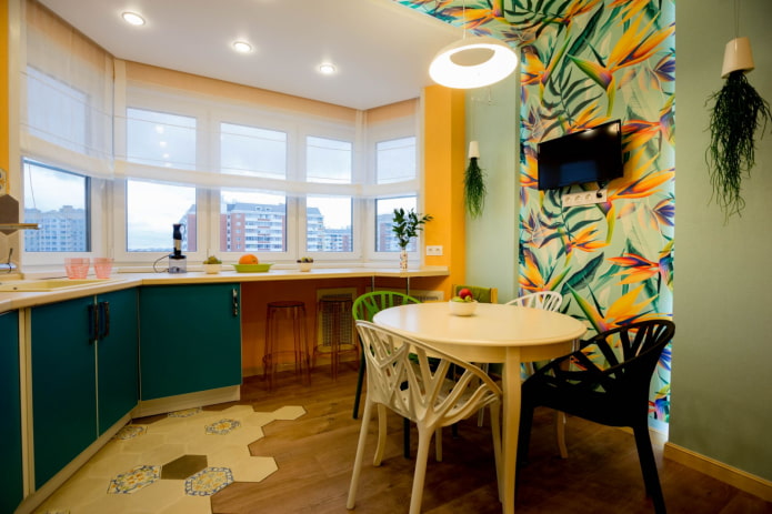 a combination of laminate and tiles in the kitchen interior