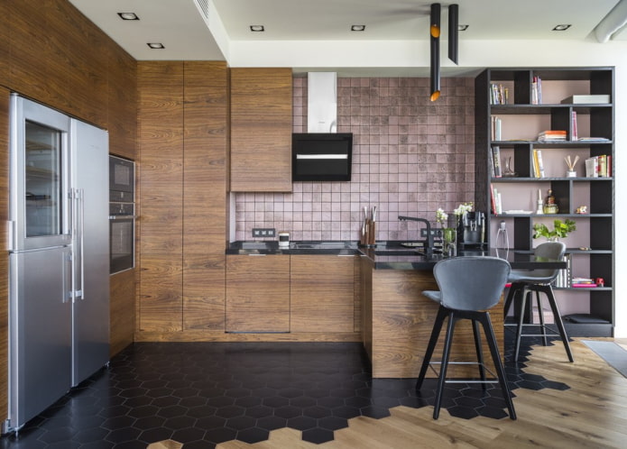 a combination of laminate and tiles in the kitchen interior