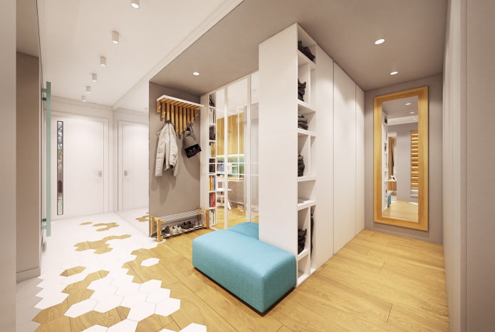 a combination of laminate and tiles in the interior of the hallway