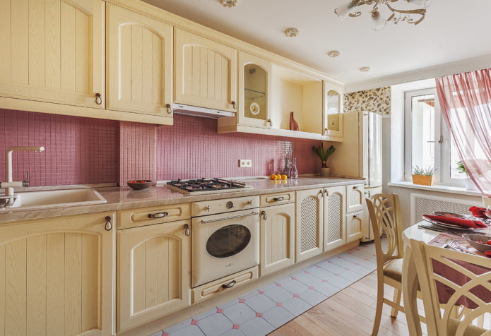 a combination of laminate and tiles in the kitchen interior