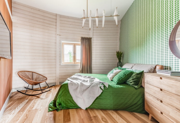 Bedspread with wallpaper, curtains with furniture