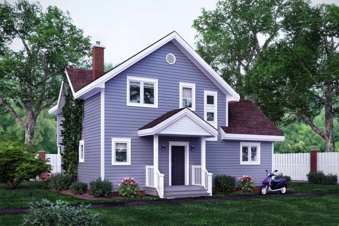 lilac cottage with a cherry roof