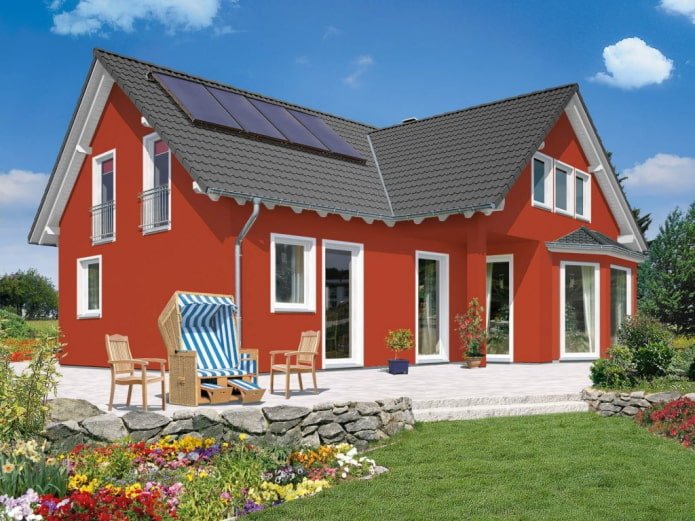 red house with a gray roof