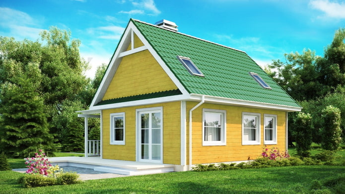 yellow country house with a bright green roof
