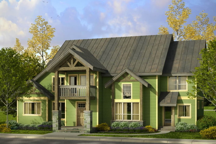 olive cottage with a gray roof